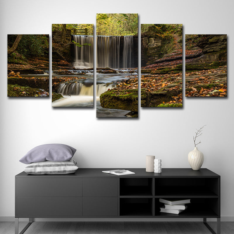 Forest Cascade Scenery Wall Art in Brown Canvas Made Wall Decoration, Multi-Piece Brown Clearhalo 'Art Gallery' 'Canvas Art' 'Contemporary Art Gallery' 'Modern' Arts' 1615274