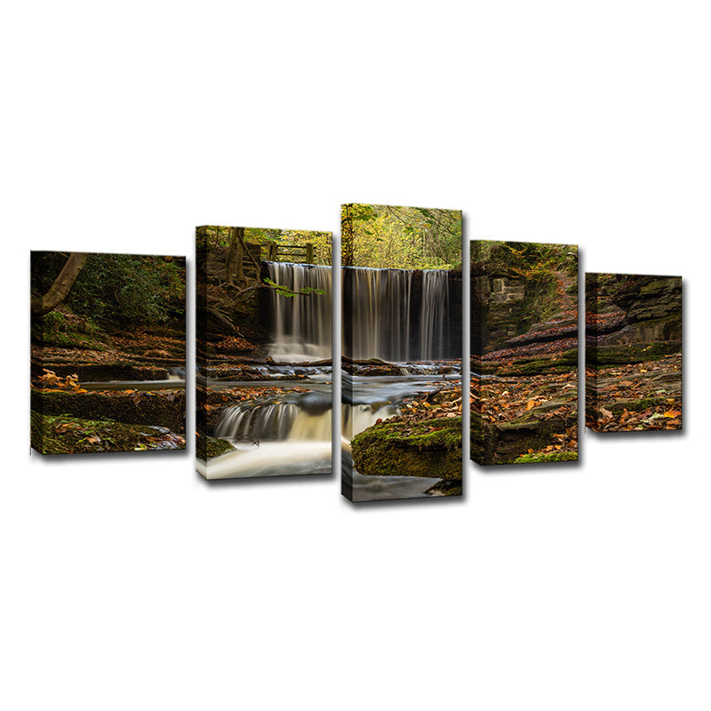 Forest Cascade Scenery Wall Art in Brown Canvas Made Wall Decoration, Multi-Piece Clearhalo 'Art Gallery' 'Canvas Art' 'Contemporary Art Gallery' 'Modern' Arts' 1615277