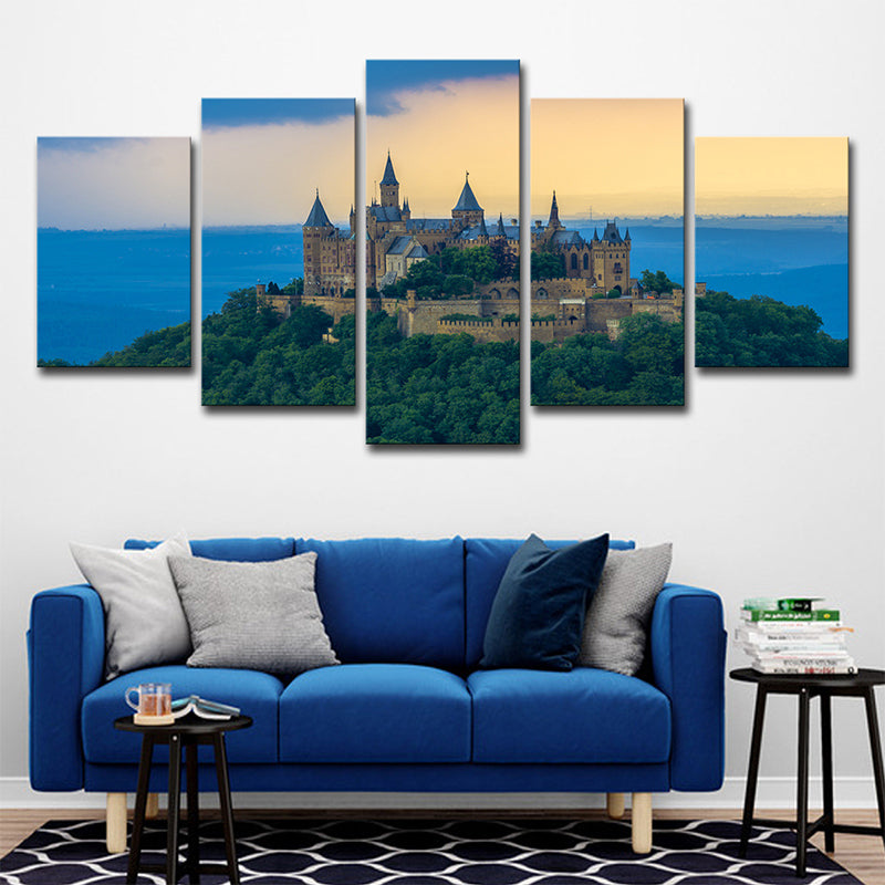 Blue Saint-Pierre Castle Sunset Art Print Historical Relic Modern Multi-Piece Wall Decor Blue Clearhalo 'Art Gallery' 'Canvas Art' 'Contemporary Art Gallery' 'Modern' Arts' 1615302