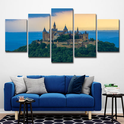 Blue Saint-Pierre Castle Sunset Art Print Historical Relic Modern Multi-Piece Wall Decor Blue Clearhalo 'Art Gallery' 'Canvas Art' 'Contemporary Art Gallery' 'Modern' Arts' 1615302