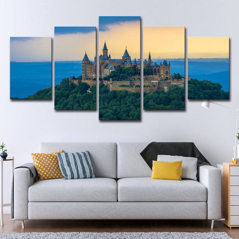 Blue Saint-Pierre Castle Sunset Art Print Historical Relic Modern Multi-Piece Wall Decor Clearhalo 'Art Gallery' 'Canvas Art' 'Contemporary Art Gallery' 'Modern' Arts' 1615303