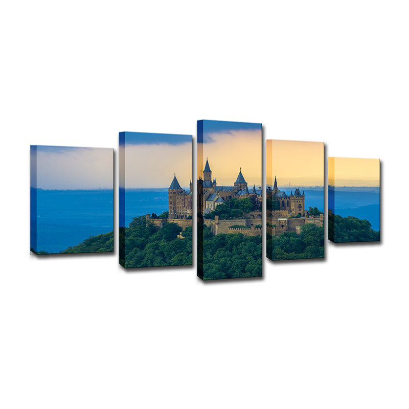 Blue Saint-Pierre Castle Sunset Art Print Historical Relic Modern Multi-Piece Wall Decor Clearhalo 'Art Gallery' 'Canvas Art' 'Contemporary Art Gallery' 'Modern' Arts' 1615305