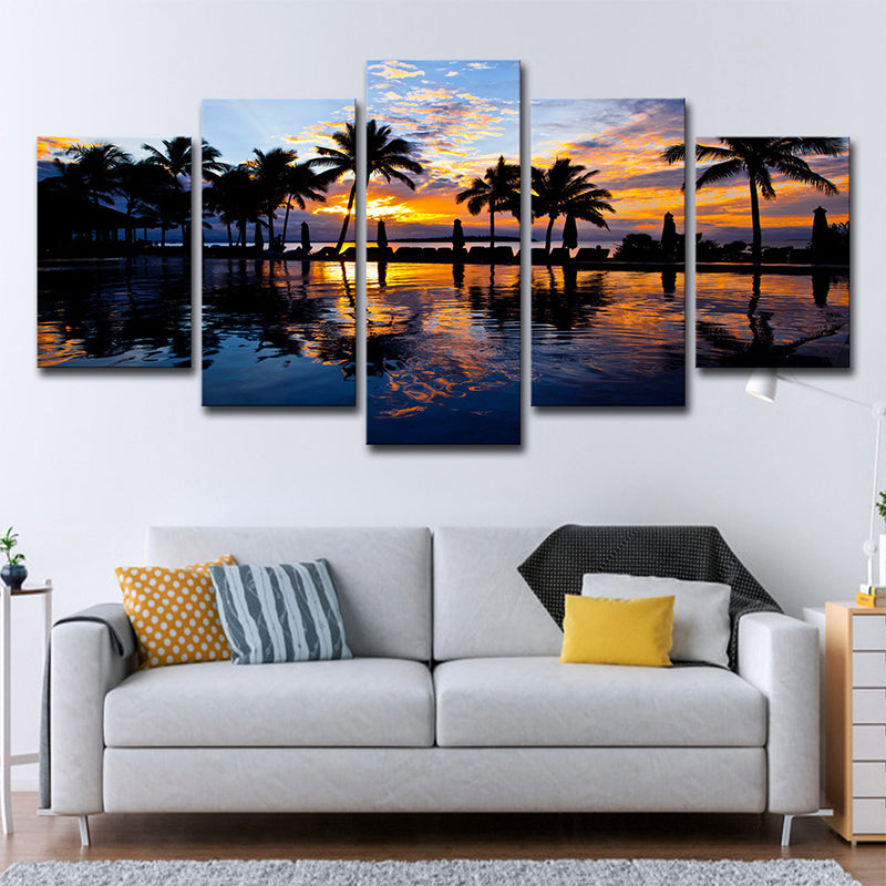 Tropix Sunset Glow Wall Art Print in Orange Palm Trees and Swimming Pool Canvas for Room Orange Clearhalo 'Art Gallery' 'Canvas Art' 'Coastal Art Gallery' 'Tropical' Arts' 1615316