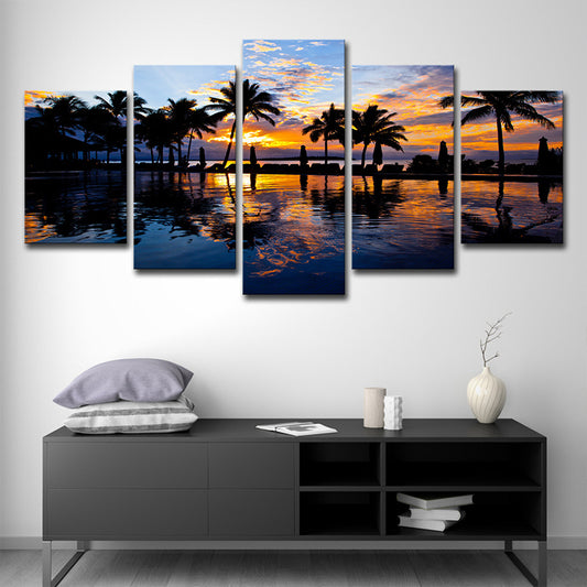 Tropix Sunset Glow Wall Art Print in Orange Palm Trees and Swimming Pool Canvas for Room Clearhalo 'Art Gallery' 'Canvas Art' 'Coastal Art Gallery' 'Tropical' Arts' 1615317