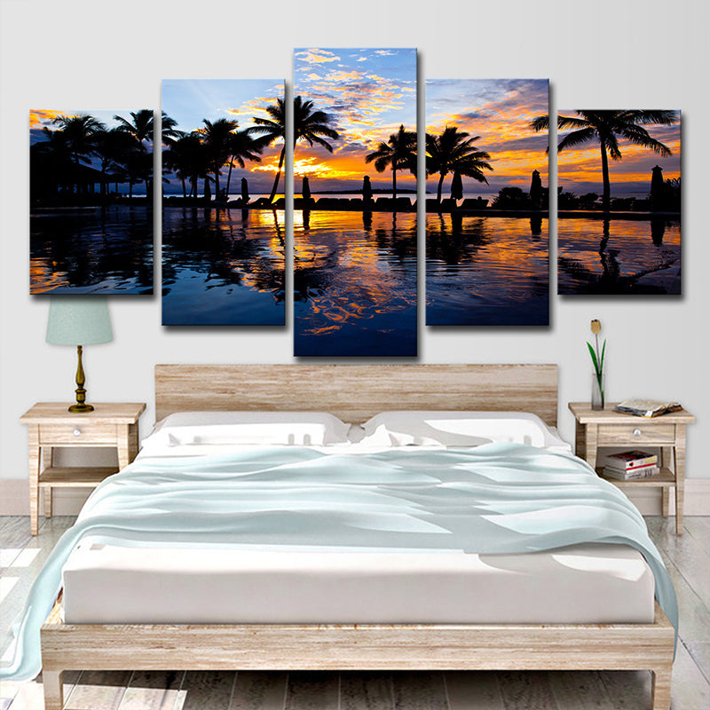 Tropix Sunset Glow Wall Art Print in Orange Palm Trees and Swimming Pool Canvas for Room Clearhalo 'Art Gallery' 'Canvas Art' 'Coastal Art Gallery' 'Tropical' Arts' 1615318