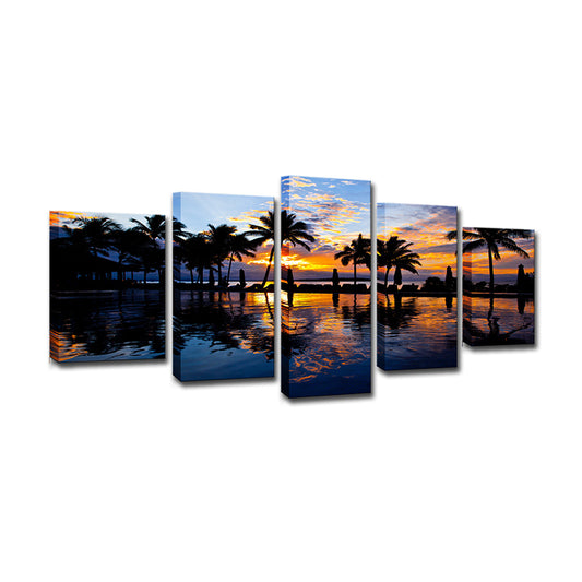 Tropix Sunset Glow Wall Art Print in Orange Palm Trees and Swimming Pool Canvas for Room Clearhalo 'Art Gallery' 'Canvas Art' 'Coastal Art Gallery' 'Tropical' Arts' 1615319