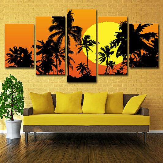 Canvas Orange Art Print Tropical Super Moon Night with Palm Tree Shadows Wall Decor Orange Clearhalo 'Art Gallery' 'Canvas Art' 'Contemporary Art Gallery' 'Modern' Arts' 1615371
