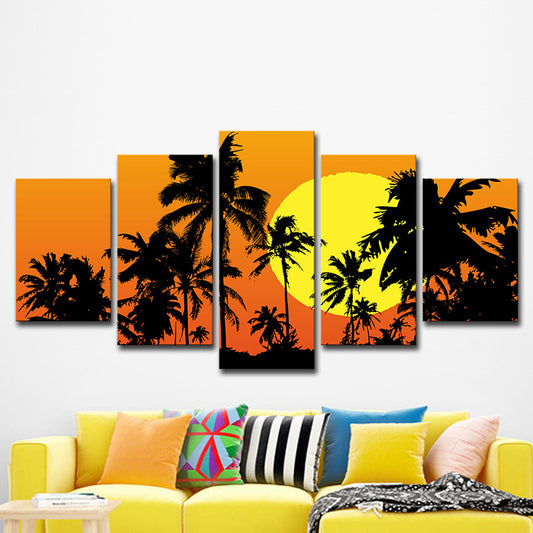 Canvas Orange Art Print Tropical Super Moon Night with Palm Tree Shadows Wall Decor Clearhalo 'Art Gallery' 'Canvas Art' 'Contemporary Art Gallery' 'Modern' Arts' 1615372