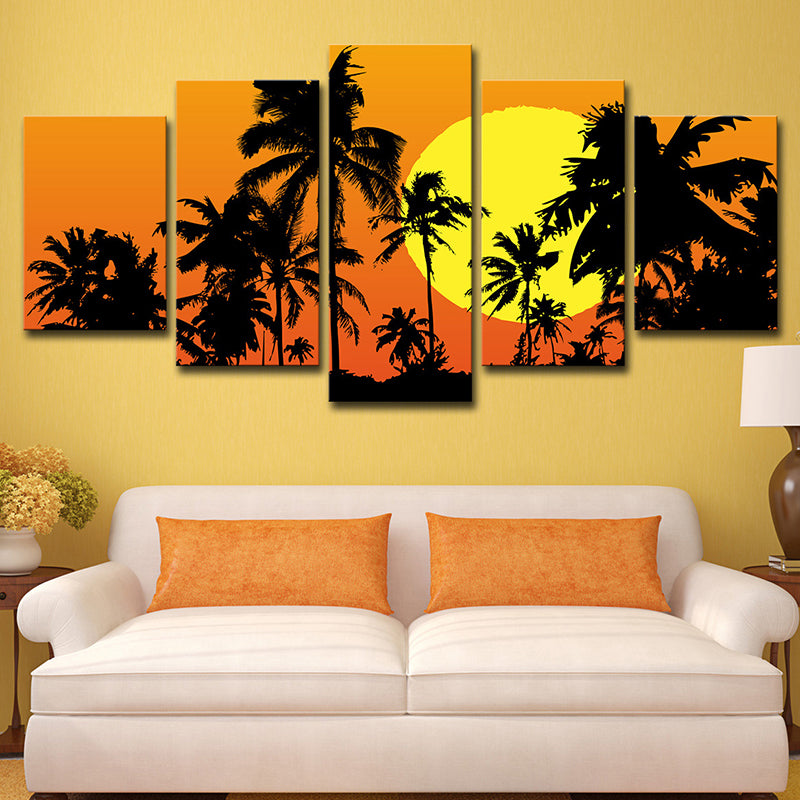 Canvas Orange Art Print Tropical Super Moon Night with Palm Tree Shadows Wall Decor Clearhalo 'Art Gallery' 'Canvas Art' 'Contemporary Art Gallery' 'Modern' Arts' 1615373