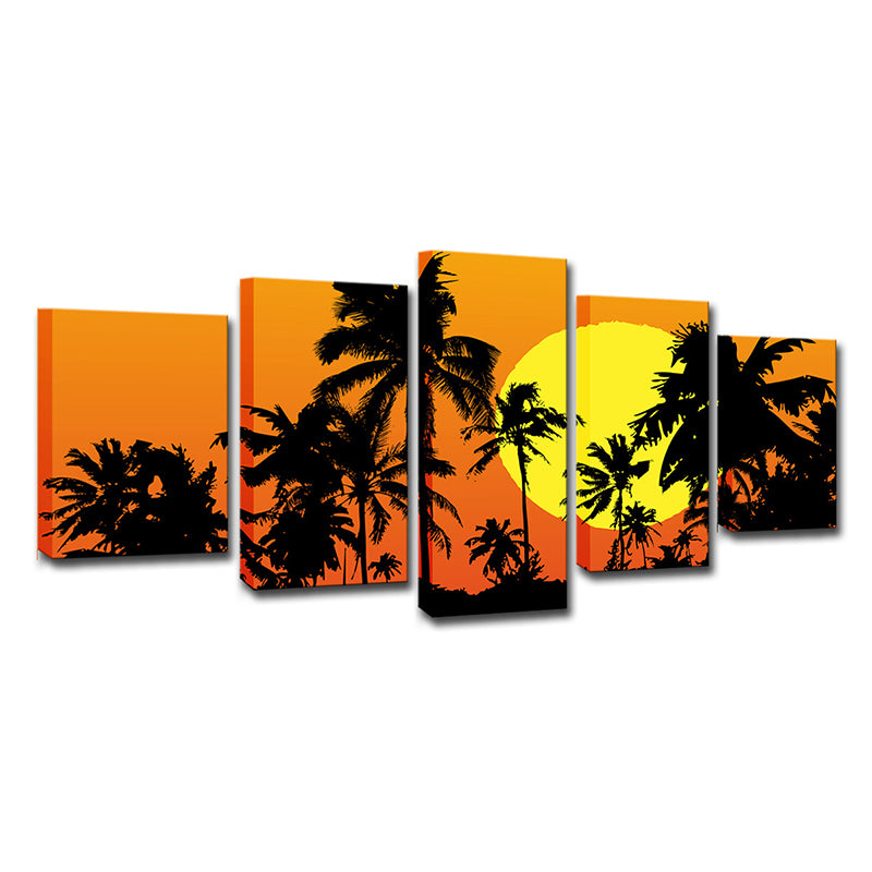 Canvas Orange Art Print Tropical Super Moon Night with Palm Tree Shadows Wall Decor Clearhalo 'Art Gallery' 'Canvas Art' 'Contemporary Art Gallery' 'Modern' Arts' 1615374