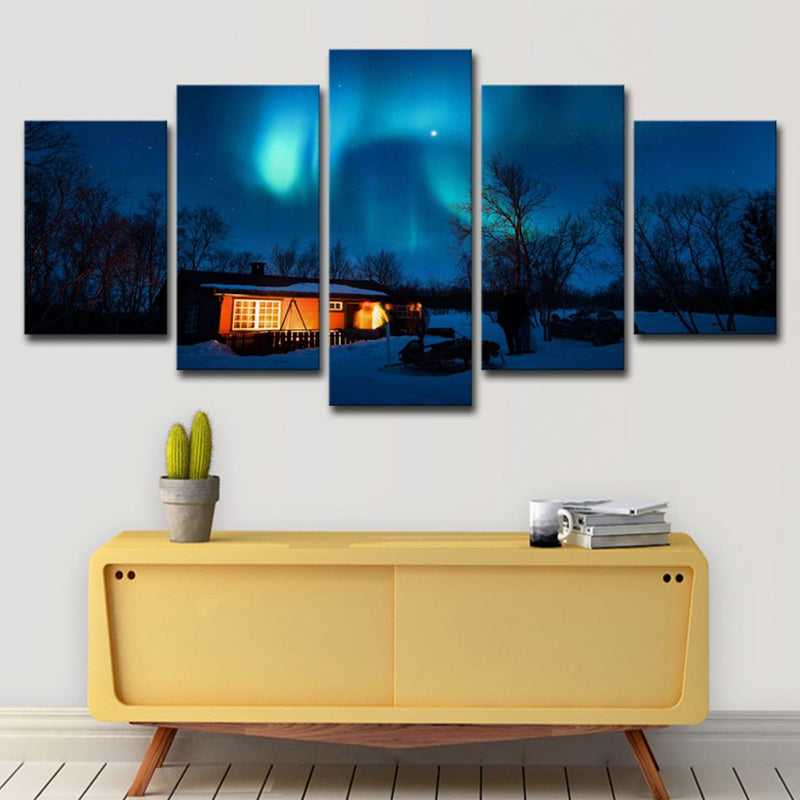 Photography Modern Wall Art Decor with Night Cabin and Polar Light Scenery in Dark Blue Dark Blue Clearhalo 'Art Gallery' 'Canvas Art' 'Contemporary Art Gallery' 'Modern' Arts' 1615378
