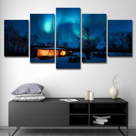 Photography Modern Wall Art Decor with Night Cabin and Polar Light Scenery in Dark Blue Clearhalo 'Art Gallery' 'Canvas Art' 'Contemporary Art Gallery' 'Modern' Arts' 1615380