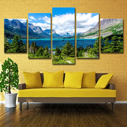 St Mary Lake Scenery Canvas Art Modern Multi-Piece Family Room Wall Decor in Sky Blue Sky Blue Clearhalo 'Art Gallery' 'Canvas Art' 'Contemporary Art Gallery' 'Modern' Arts' 1615385