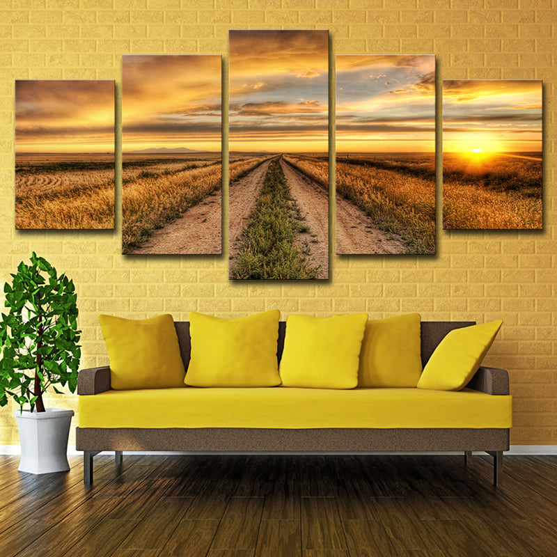 Modern Sunset Farm Lane Art Print Canvas Multi-Piece Yellow Wall Decor for House Interior Clearhalo 'Art Gallery' 'Canvas Art' 'Contemporary Art Gallery' 'Modern' Arts' 1615409