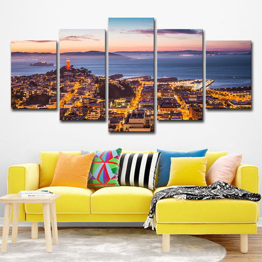 Modern Cityscapes Wall Art Print Brown Alcatraz Island at Sunset Canvas for Home Brown Clearhalo 'Art Gallery' 'Canvas Art' 'Contemporary Art Gallery' 'Modern' Arts' 1615414
