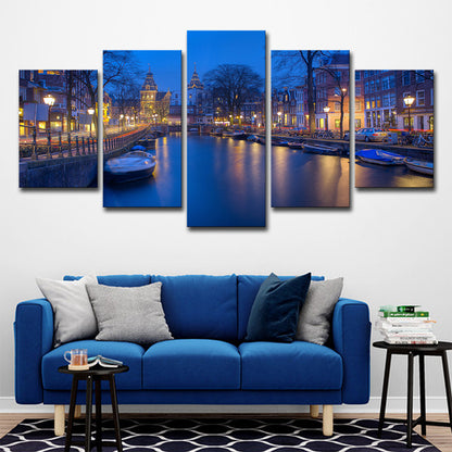 Amsterdam Canal Wall Art Decor for Home Night View Canvas Print in Blue, Multi-Piece Blue Clearhalo 'Art Gallery' 'Canvas Art' 'Contemporary Art Gallery' 'Modern' Arts' 1615421