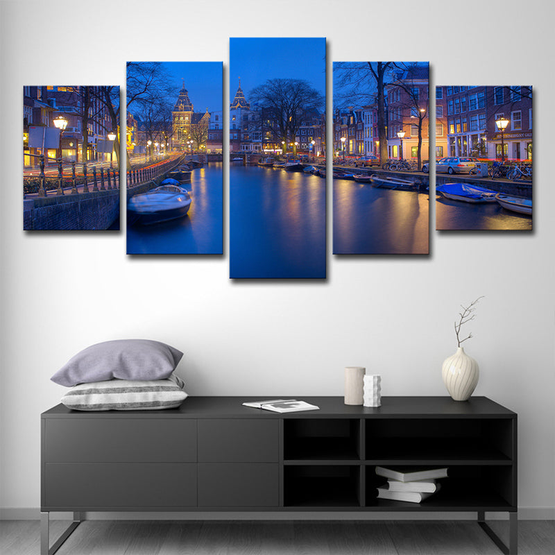 Amsterdam Canal Wall Art Decor for Home Night View Canvas Print in Blue, Multi-Piece Clearhalo 'Art Gallery' 'Canvas Art' 'Contemporary Art Gallery' 'Modern' Arts' 1615422