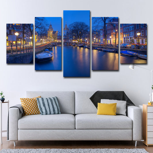 Amsterdam Canal Wall Art Decor for Home Night View Canvas Print in Blue, Multi-Piece Clearhalo 'Art Gallery' 'Canvas Art' 'Contemporary Art Gallery' 'Modern' Arts' 1615423