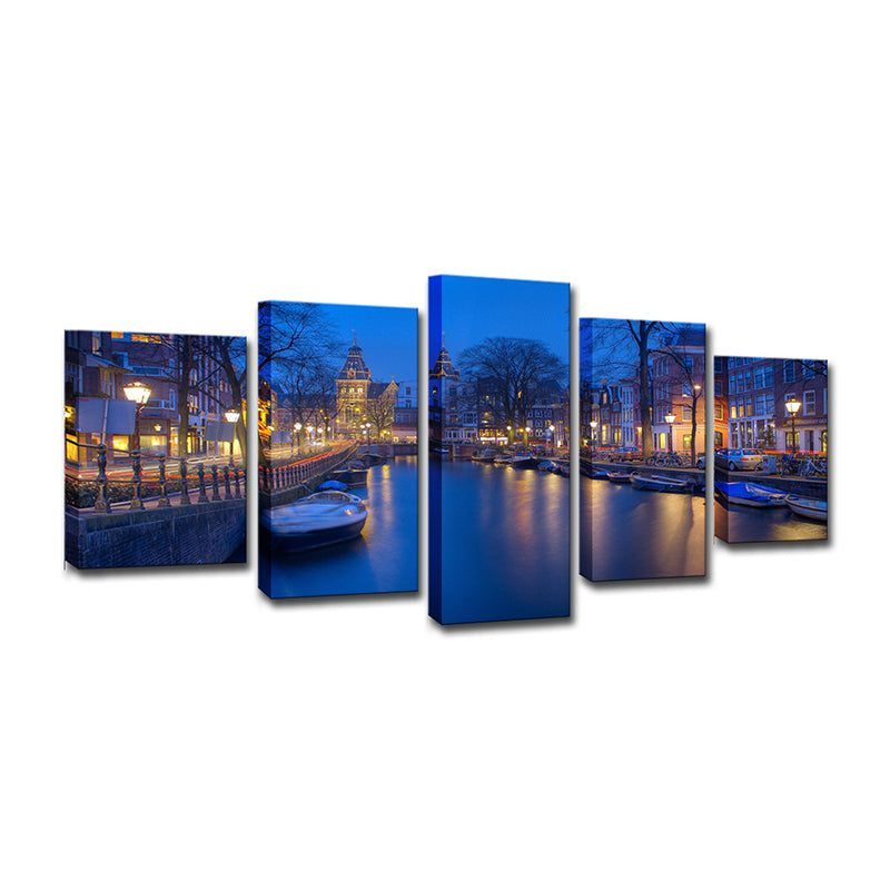 Amsterdam Canal Wall Art Decor for Home Night View Canvas Print in Blue, Multi-Piece Clearhalo 'Art Gallery' 'Canvas Art' 'Contemporary Art Gallery' 'Modern' Arts' 1615424