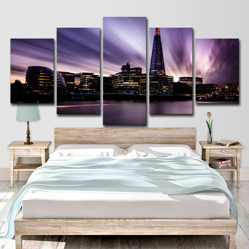 Canvas Purple Wall Art Global Inspired River Thames at Night Wall Decor for Bedroom Clearhalo 'Art Gallery' 'Canvas Art' 'Contemporary Art Gallery' 'Modern' Arts' 1615429
