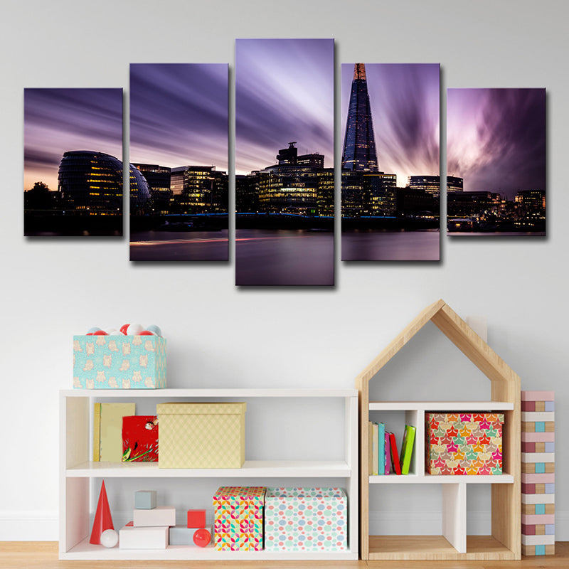 Canvas Purple Wall Art Global Inspired River Thames at Night Wall Decor for Bedroom Clearhalo 'Art Gallery' 'Canvas Art' 'Contemporary Art Gallery' 'Modern' Arts' 1615430