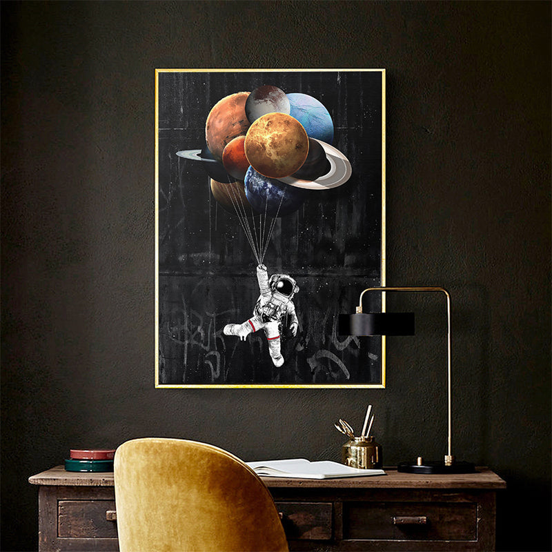Black Universe Canvas Print Kids Style Spaceman with Planet Balloons Wall Art Decor Black Clearhalo 'Art Gallery' 'Canvas Art' 'Kids' Arts' 1615435