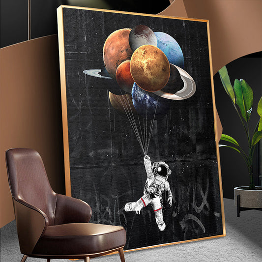 Black Universe Canvas Print Kids Style Spaceman with Planet Balloons Wall Art Decor Clearhalo 'Art Gallery' 'Canvas Art' 'Kids' Arts' 1615436