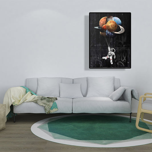Black Universe Canvas Print Kids Style Spaceman with Planet Balloons Wall Art Decor Clearhalo 'Art Gallery' 'Canvas Art' 'Kids' Arts' 1615437