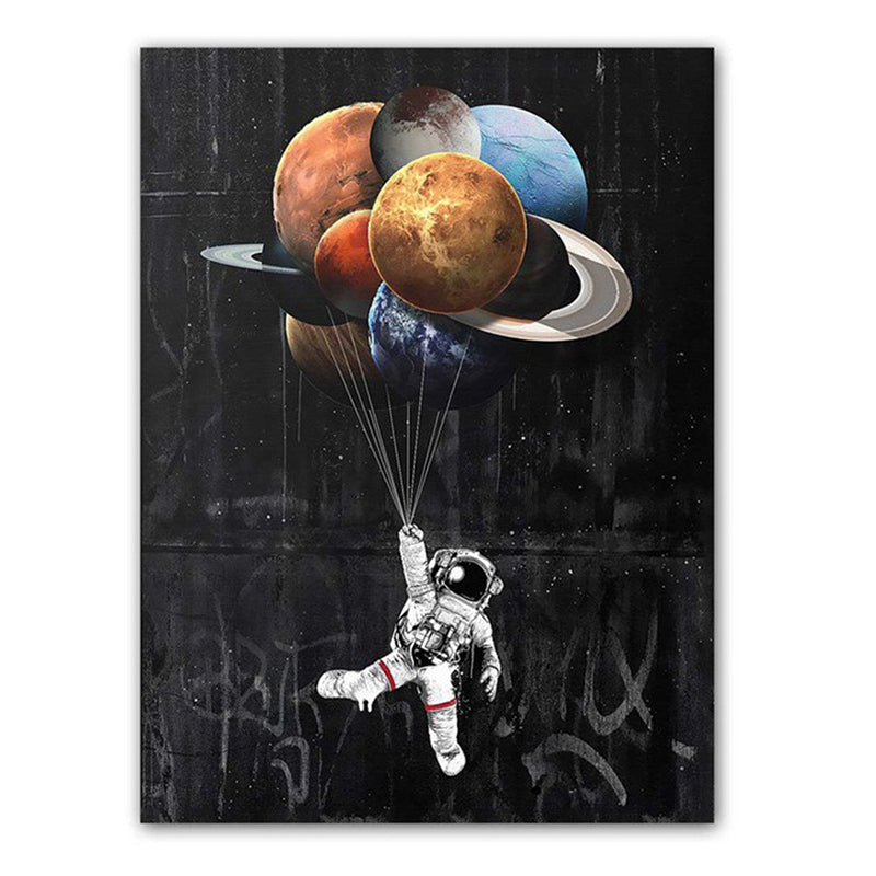Black Universe Canvas Print Kids Style Spaceman with Planet Balloons Wall Art Decor Clearhalo 'Art Gallery' 'Canvas Art' 'Kids' Arts' 1615438