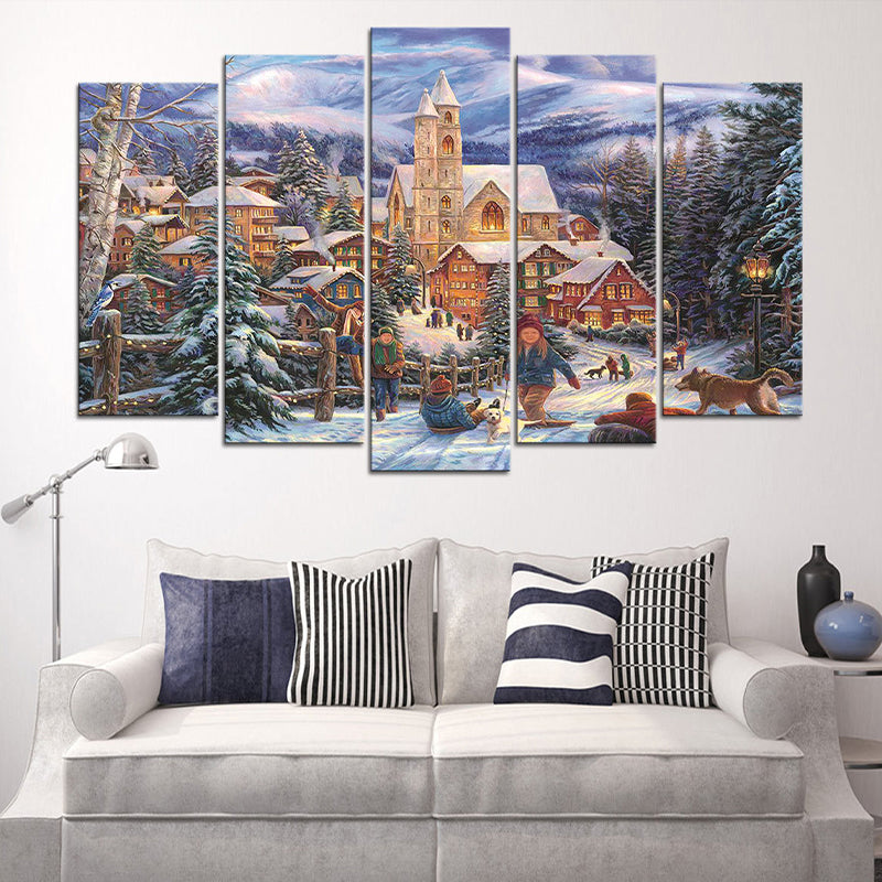 Winter Village Landscape Wall Art Blue and Brown Nordic Canvas Print for Home, Multi-Piece Brown Medium Clearhalo 'Art Gallery' 'Canvas Art' 'Contemporary Art Gallery' 'Modern' Arts' 1615491