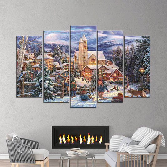 Winter Village Landscape Wall Art Blue and Brown Nordic Canvas Print for Home, Multi-Piece Clearhalo 'Art Gallery' 'Canvas Art' 'Contemporary Art Gallery' 'Modern' Arts' 1615492