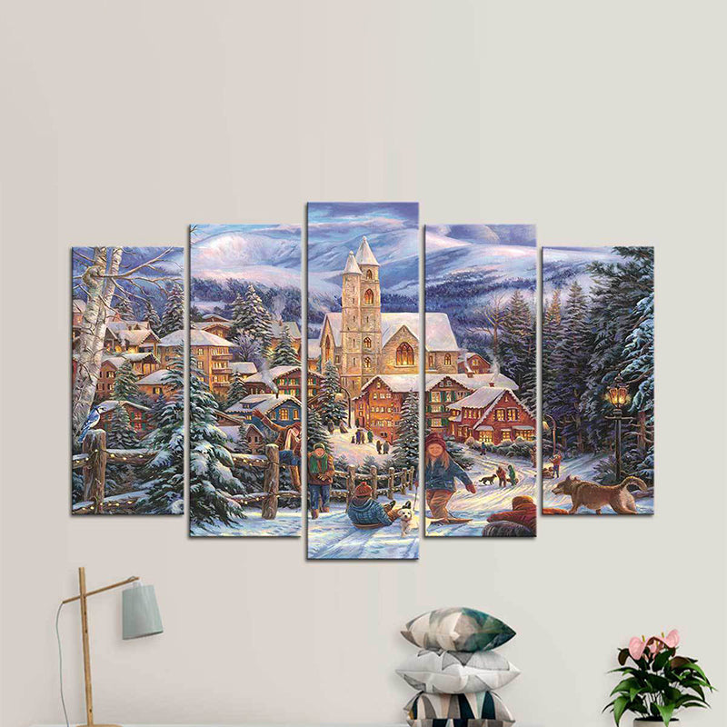 Winter Village Landscape Wall Art Blue and Brown Nordic Canvas Print for Home, Multi-Piece Clearhalo 'Art Gallery' 'Canvas Art' 'Contemporary Art Gallery' 'Modern' Arts' 1615493