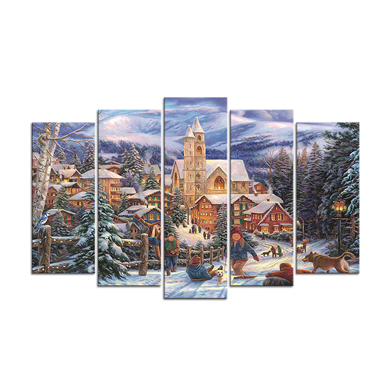 Winter Village Landscape Wall Art Blue and Brown Nordic Canvas Print for Home, Multi-Piece Clearhalo 'Art Gallery' 'Canvas Art' 'Contemporary Art Gallery' 'Modern' Arts' 1615494