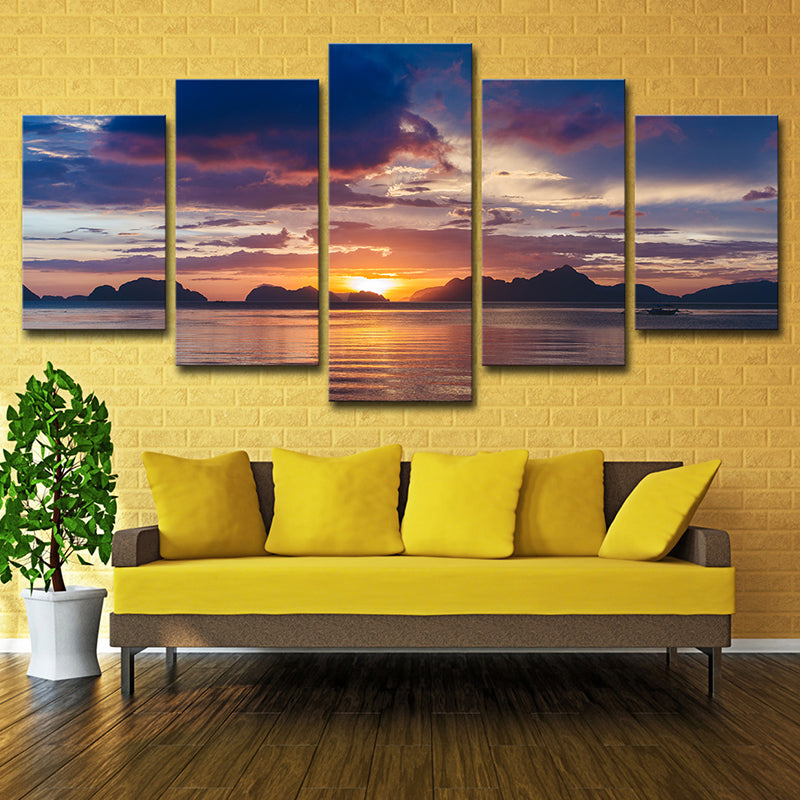Lake and Sunset Glow Canvas Print Contemporary Multi-Piece Wall Art in Purple for Room Clearhalo 'Art Gallery' 'Canvas Art' 'Contemporary Art Gallery' 'Modern' Arts' 1615498