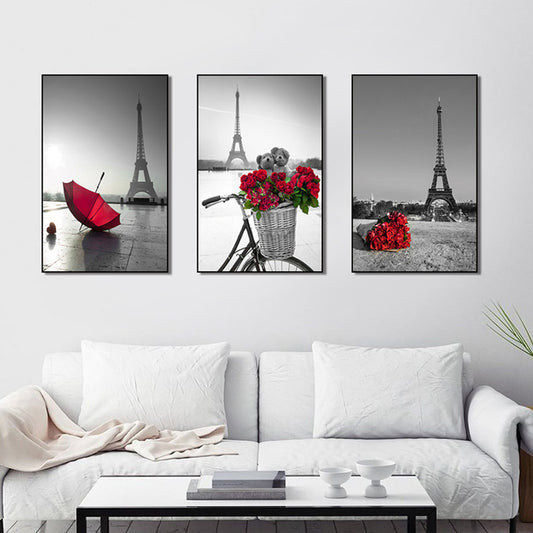 Eiffel Tower Wall Art Set Modernism Stylish Landmark Canvas Print in Grey and Red Red 24" x 48" Clearhalo 'Art Gallery' 'Canvas Art' 'Contemporary Art Gallery' 'Modern' Arts' 1615510