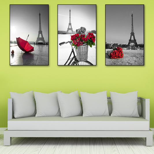 Eiffel Tower Wall Art Set Modernism Stylish Landmark Canvas Print in Grey and Red Clearhalo 'Art Gallery' 'Canvas Art' 'Contemporary Art Gallery' 'Modern' Arts' 1615511
