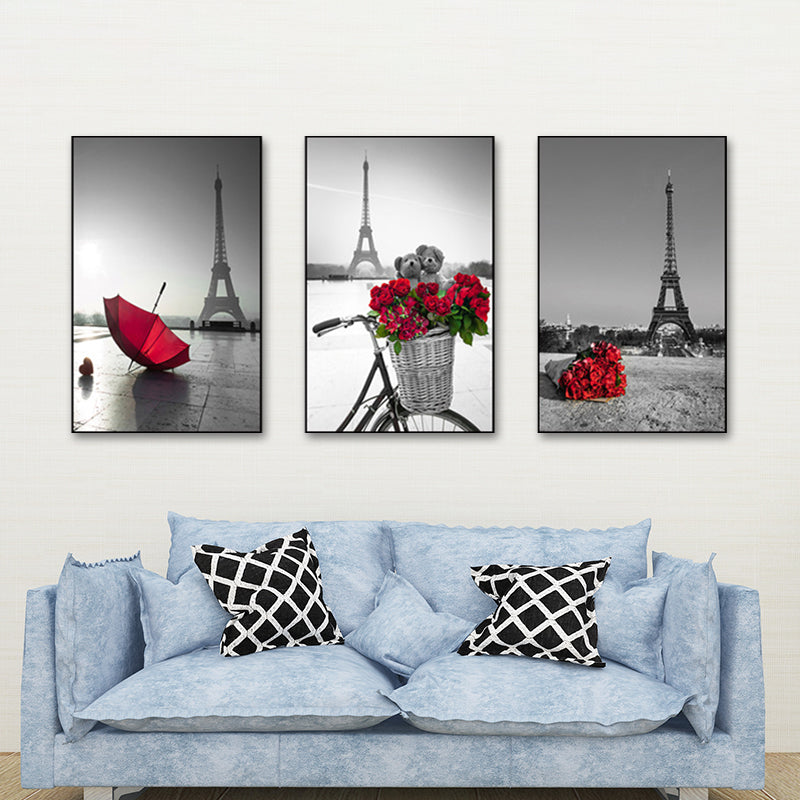 Eiffel Tower Wall Art Set Modernism Stylish Landmark Canvas Print in Grey and Red Clearhalo 'Art Gallery' 'Canvas Art' 'Contemporary Art Gallery' 'Modern' Arts' 1615512