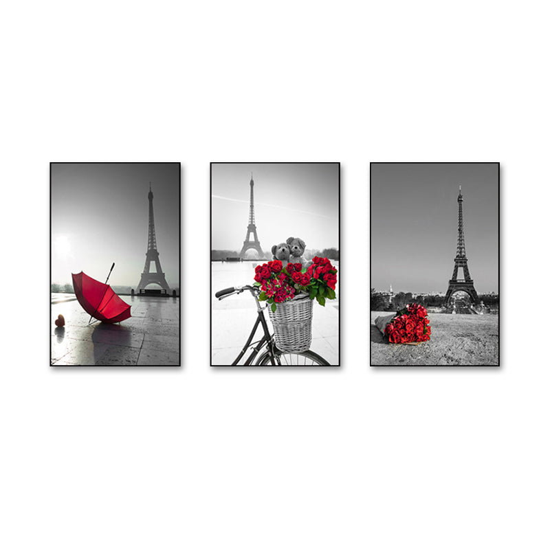 Eiffel Tower Wall Art Set Modernism Stylish Landmark Canvas Print in Grey and Red Clearhalo 'Art Gallery' 'Canvas Art' 'Contemporary Art Gallery' 'Modern' Arts' 1615513