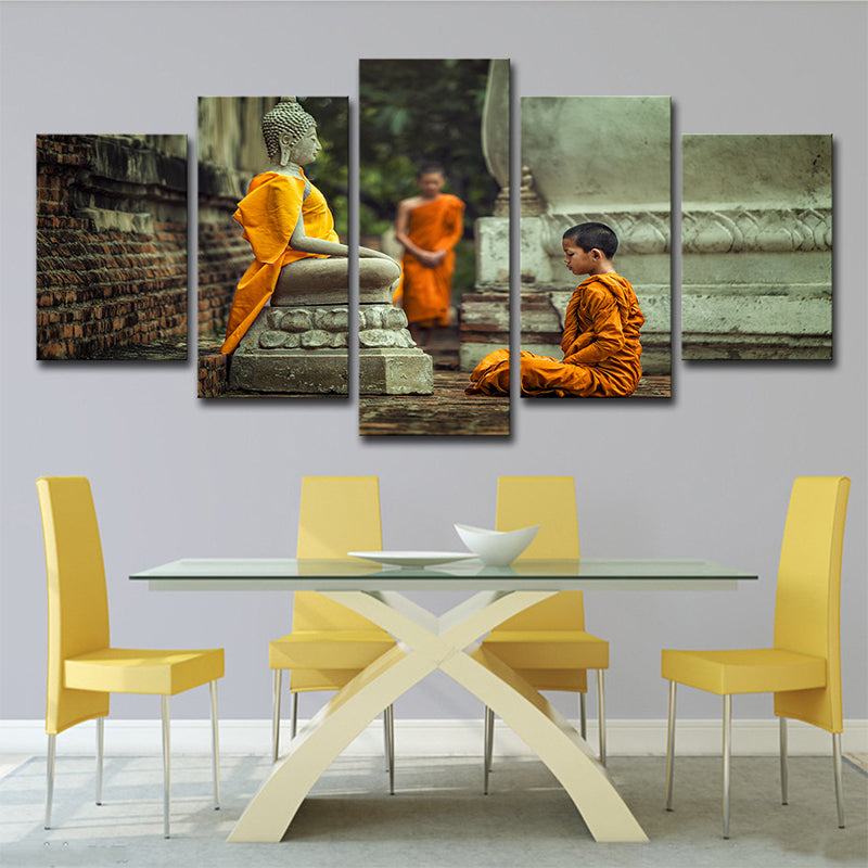 Buddhist Boy Meditating Canvas Print Yellow Contemporary Wall Art for Dining Room Yellow Clearhalo 'Art Gallery' 'Canvas Art' 'Contemporary Art Gallery' 'Modern' Arts' 1615529