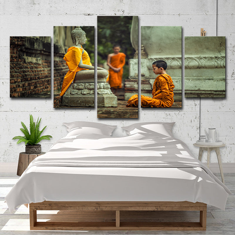 Buddhist Boy Meditating Canvas Print Yellow Contemporary Wall Art for Dining Room Clearhalo 'Art Gallery' 'Canvas Art' 'Contemporary Art Gallery' 'Modern' Arts' 1615530