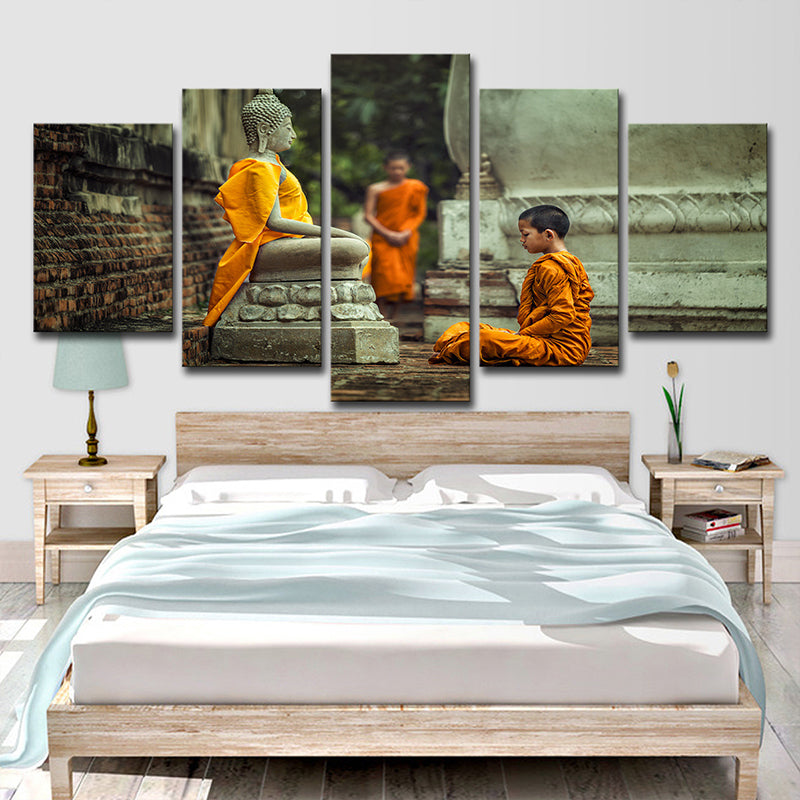 Buddhist Boy Meditating Canvas Print Yellow Contemporary Wall Art for Dining Room Clearhalo 'Art Gallery' 'Canvas Art' 'Contemporary Art Gallery' 'Modern' Arts' 1615531