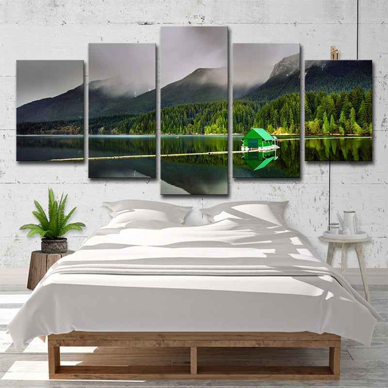 Green Global Inspired Canvas Print Lake House and the Forest Scenery Wall Art Green Clearhalo 'Arts' 'Canvas Art' 1615543