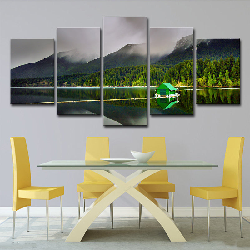 Green Global Inspired Canvas Print Lake House and the Forest Scenery Wall Art Clearhalo 'Arts' 'Canvas Art' 1615544