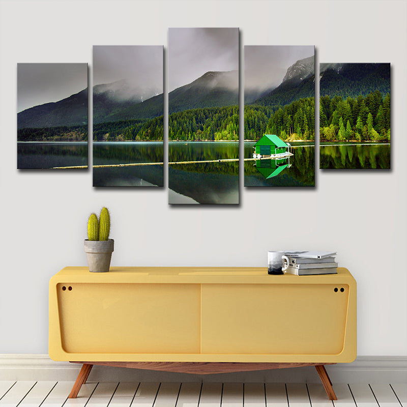 Green Global Inspired Canvas Print Lake House and the Forest Scenery Wall Art Clearhalo 'Arts' 'Canvas Art' 1615545