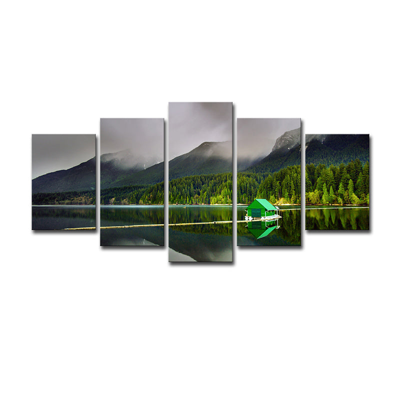 Green Global Inspired Canvas Print Lake House and the Forest Scenery Wall Art Clearhalo 'Arts' 'Canvas Art' 1615546
