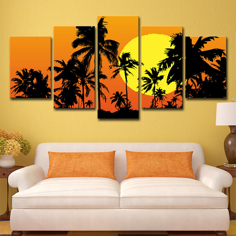Tropical Wall Art Decor Orange Big Moon Behind Coconut Trees Canvas Print for Home Orange Clearhalo 'Art Gallery' 'Canvas Art' 'Coastal Art Gallery' 'Tropical' Arts' 1615557