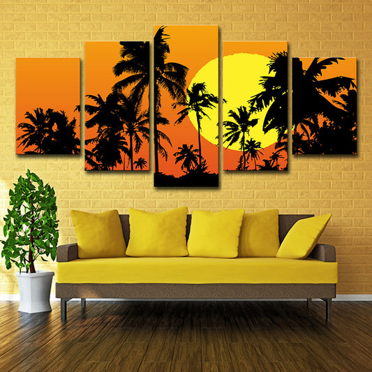 Tropical Wall Art Decor Orange Big Moon Behind Coconut Trees Canvas Print for Home Clearhalo 'Art Gallery' 'Canvas Art' 'Coastal Art Gallery' 'Tropical' Arts' 1615558