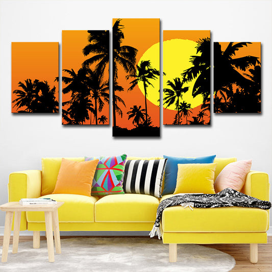Tropical Wall Art Decor Orange Big Moon Behind Coconut Trees Canvas Print for Home Clearhalo 'Art Gallery' 'Canvas Art' 'Coastal Art Gallery' 'Tropical' Arts' 1615559