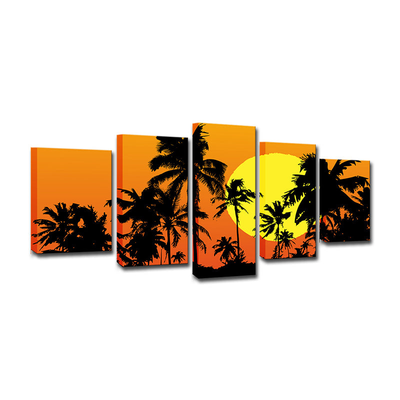 Tropical Wall Art Decor Orange Big Moon Behind Coconut Trees Canvas Print for Home Clearhalo 'Art Gallery' 'Canvas Art' 'Coastal Art Gallery' 'Tropical' Arts' 1615560