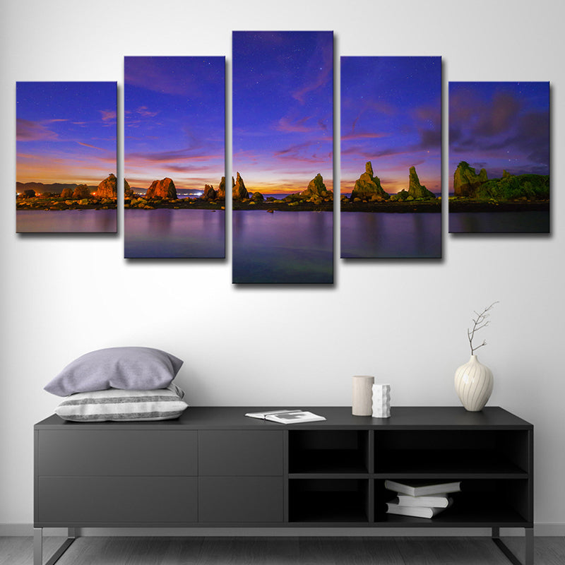 Blue Evening Glow Canvas Riverside Rocks Scene Modern Multi-Piece Wall Art Print Blue Clearhalo 'Art Gallery' 'Canvas Art' 'Contemporary Art Gallery' 'Modern' Arts' 1615571